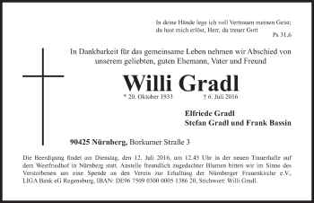Traueranzeige von Willi Gradl von Gesamtausgabe Nürnberger Nachrichten/ Nürnberger Ztg.