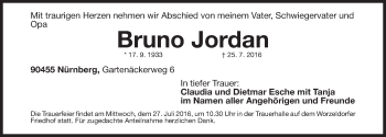Traueranzeige von Bruno Jordan von Gesamtausgabe Nürnberger Nachrichten/ Nürnberger Ztg.