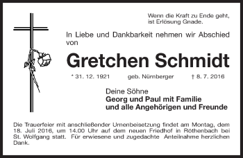 Traueranzeige von Gretchen Schmidt von Gesamtausgabe Nürnberger Nachrichten/ Nürnberger Ztg.