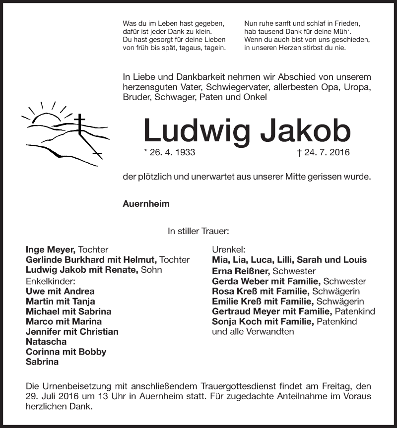  Traueranzeige für Ludwig Jakob vom 28.07.2016 aus Altmühl-Bote Lokal