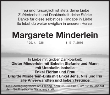 Traueranzeige von Margarete Minderlein von Nürnberger Zeitung