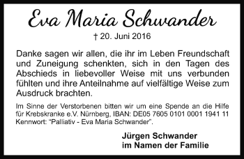 Traueranzeige von Eva Maria Schwander von Gesamtausgabe Nürnberger Nachrichten/ Nürnberger Ztg.