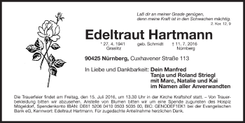Traueranzeige von Edeltraut Hartmann von Gesamtausgabe Nürnberger Nachrichten / Nürnberger Ztg.