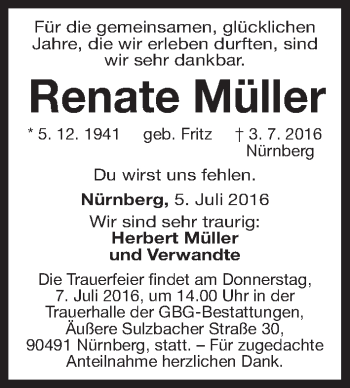 Traueranzeige von Renate Müller von Gesamtausgabe Nürnberger Nachrichten/ Nürnberger Ztg.