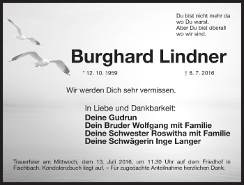 Traueranzeige von Burghard Lindner von Gesamtausgabe Nürnberger Nachrichten/ Nürnberger Ztg.