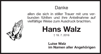 Traueranzeige von Hans Walz von Roth-Hilpoltsteiner Volkszeitung Lokal