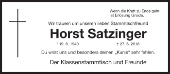 Traueranzeige von Horst Satzinger von Gesamtausgabe Nürnberger Nachrichten/ Nürnberger Ztg.