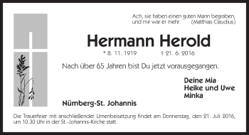 Traueranzeige von Hermann Herold von Gesamtausgabe Nürnberger Nachrichten/ Nürnberger Ztg.