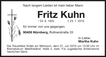 Traueranzeige von Fritz Kuhn von Gesamtausgabe Nürnberger Nachrichten/ Nürnberger Ztg.