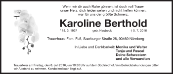 Traueranzeige von Karoline Berthold von Gesamtausgabe Nürnberger Nachrichten/ Nürnberger Ztg.