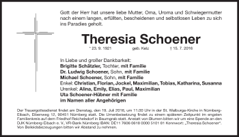 Traueranzeige von Theresia Schoener von Gesamtausgabe Nürnberger Nachrichten/ Nürnberger Ztg.
