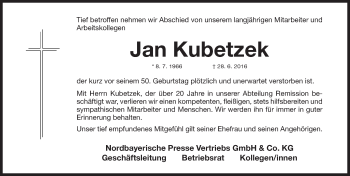 Traueranzeige von Jan Kubetzek von Gesamtausgabe Nürnberger Nachrichten/ Nürnberger Ztg.