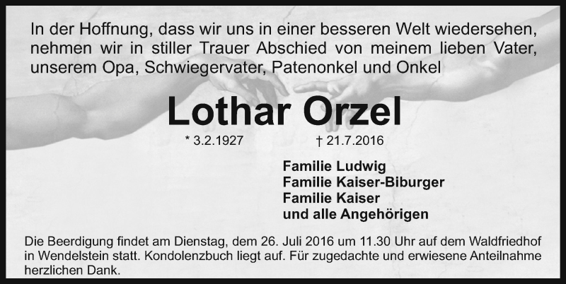  Traueranzeige für Lothar Orzel vom 23.07.2016 aus Schwabach