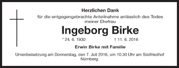 Traueranzeige von Ingeborg Birke von Gesamtausgabe Nürnberger Nachrichten/ Nürnberger Ztg.