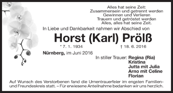 Traueranzeige von Horst  Prölß von Gesamtausgabe Nürnberger Nachrichten/ Nürnberger Ztg.
