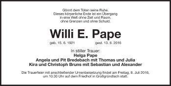 Traueranzeige von Willi E. Pape von Gesamtausgabe Nürnberger Nachrichten/ Nürnberger Ztg.