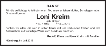 Traueranzeige von Loni Kreim von Gesamtausgabe Nürnberger Nachrichten/ Nürnberger Ztg.