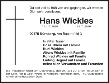 Traueranzeige von Hans Wickles von Gesamtausgabe Nürnberger Nachrichten/ Nürnberger Ztg.