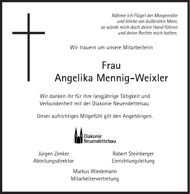  Traueranzeige für Angelika Mennig-Weixler vom 14.07.2016 aus Altmühl-Bote Lokal