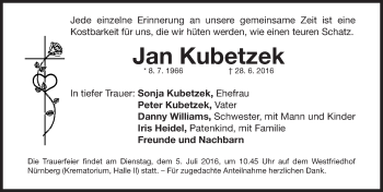 Traueranzeige von Jan Kubetzek von Gesamtausgabe Nürnberger Nachrichten/ Nürnberger Ztg.