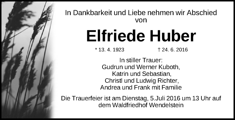 Traueranzeige für Elfriede Huber vom 02.07.2016 aus Schwabach