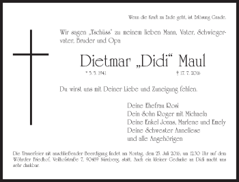 Traueranzeige von Dietmar Maul von Gesamtausgabe Nürnberger Nachrichten/ Nürnberger Ztg.
