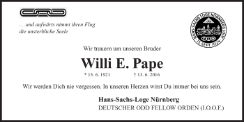 Traueranzeige von Willi E. Pape von Gesamtausgabe Nürnberger Nachrichten/ Nürnberger Ztg.