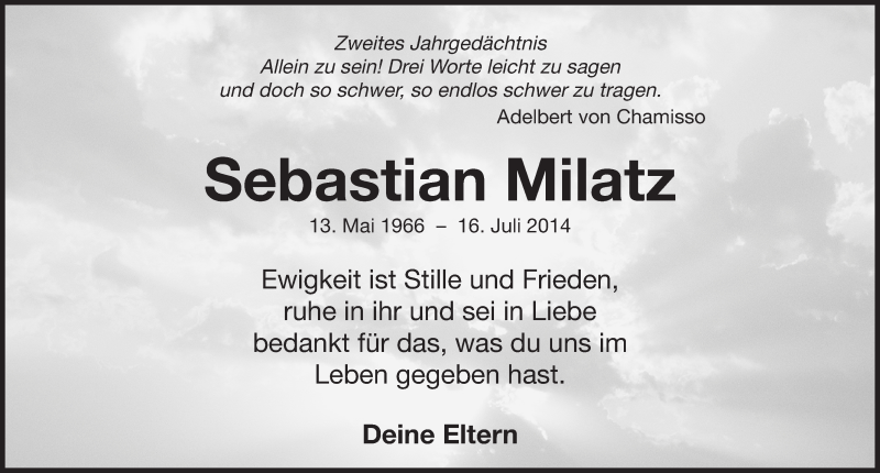  Traueranzeige für Sebastian Milatz vom 16.07.2016 aus Erlanger Nachrichten Lokal