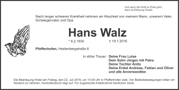 Traueranzeige von Hans Walz von Roth-Hilpoltsteiner Volkszeitung Lokal