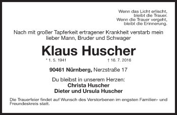 Traueranzeige von Klaus Huscher von Gesamtausgabe Nürnberger Nachrichten/ Nürnberger Ztg.