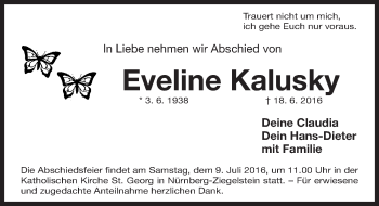 Traueranzeige von Eveline Kalusky von Gesamtausgabe Nürnberger Nachrichten/ Nürnberger Ztg.