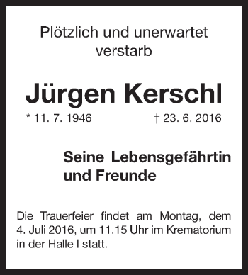 Traueranzeige von Jürgen Kerschl von Gesamtausgabe Nürnberger Nachrichten/ Nürnberger Ztg.