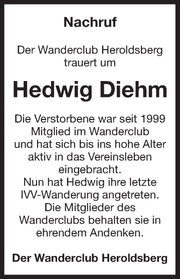 Traueranzeige von Hedwig Diehm von Gesamtausgabe Nürnberger Nachrichten/ Nürnberger Ztg.