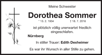 Traueranzeige von Dorothea Sommer von Gesamtausgabe Nürnberger Nachrichten/ Nürnberger Ztg.