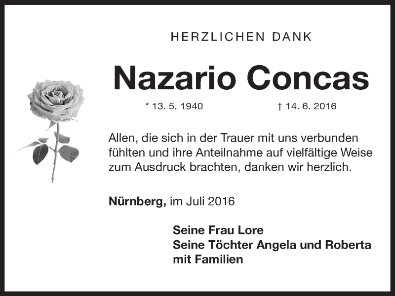  Traueranzeige für Nazario Concas vom 16.07.2016 aus Gesamtausgabe Nürnberger Nachrichten/ Nürnberger Ztg.