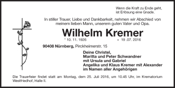Traueranzeige von Wilhelm Kremer von Gesamtausgabe Nürnberger Nachrichten/ Nürnberger Ztg.