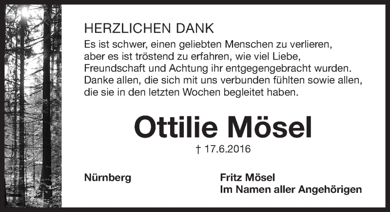  Traueranzeige für Ottilie Mösel vom 09.07.2016 aus Gesamtausgabe Nürnberger Nachrichten/ Nürnberger Ztg.
