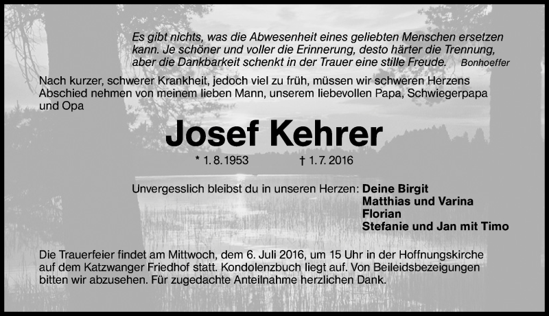  Traueranzeige für Josef Kehrer vom 04.07.2016 aus Schwabach