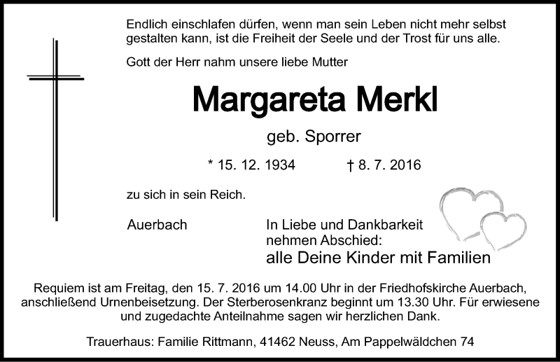  Traueranzeige für Margareta Merkl vom 13.07.2016 aus Nordbayerische Nachrichten Pegnitz Lokal