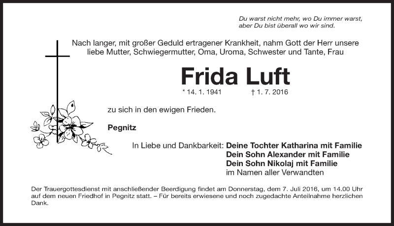  Traueranzeige für Frida Luft vom 04.07.2016 aus Nordbayerische Nachrichten Pegnitz Lokal