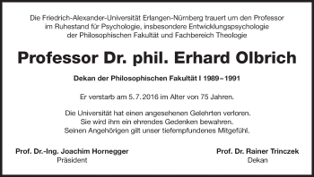 Traueranzeige von Erhard Olbrich von Erlanger Nachrichten Lokal
