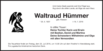 Traueranzeige von Waltraud Hümmer von Gesamtausgabe Nürnberger Nachrichten/ Nürnberger Ztg.