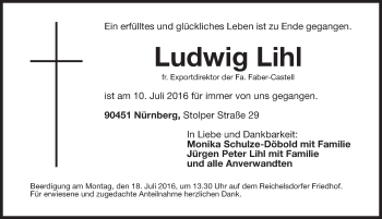 Traueranzeige von Ludwig Lihl von Gesamtausgabe Nürnberger Nachrichten/ Nürnberger Ztg.