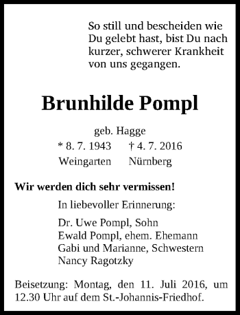 Traueranzeige von Brunhilde Pompl von Gesamtausgabe Nürnberger Nachrichten/ Nürnberger Ztg.