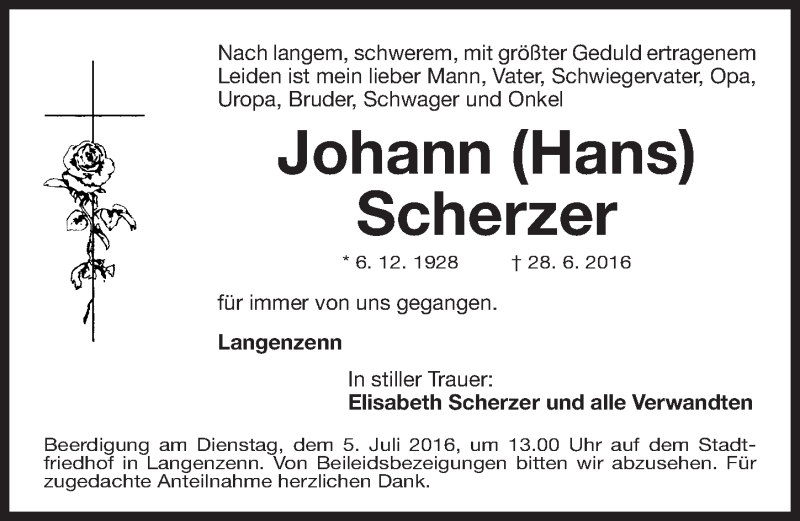  Traueranzeige für Johann Scherzer vom 01.07.2016 aus Fürther Nachrichten Lokal
