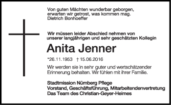 Traueranzeige von Anita Jenner von Gesamtausgabe Nürnberger Nachrichten/ Nürnberger Ztg.