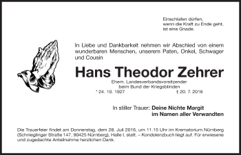 Traueranzeige von Hans Theodor Zehrer von Gesamtausgabe Nürnberger Nachrichten/ Nürnberger Ztg.