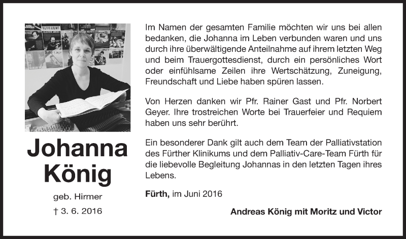  Traueranzeige für Johanna König vom 02.07.2016 aus Fürther Nachrichten Lokal
