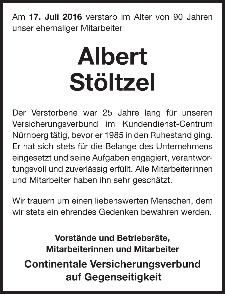  Traueranzeige für Albert Stöltzel vom 21.07.2016 aus Gesamtausgabe Nürnberger Nachrichten/ Nürnberger Ztg.