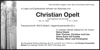 Traueranzeige von Christian Opelt von Gesamtausgabe Nürnberger Nachrichten/ Nürnberger Ztg.